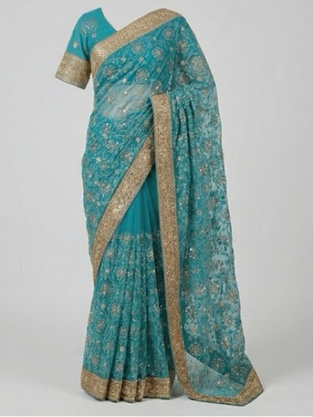 Stunning Teal & Gold Gota Patti Georgette Saree w/ Matching Blouse Size 36